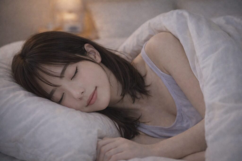 無印おやすみブレンドの香りでリラックスし布団でぐっすり眠る女性