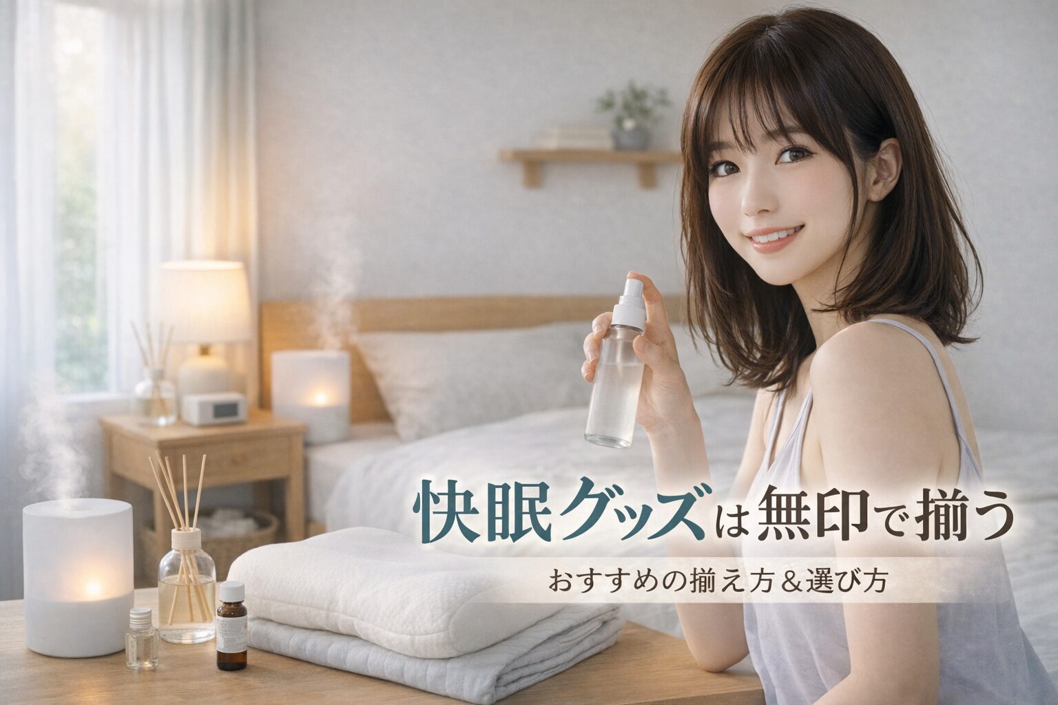 快眠グッズを無印で揃える寝室イメージとアロマスプレーを持つ女性